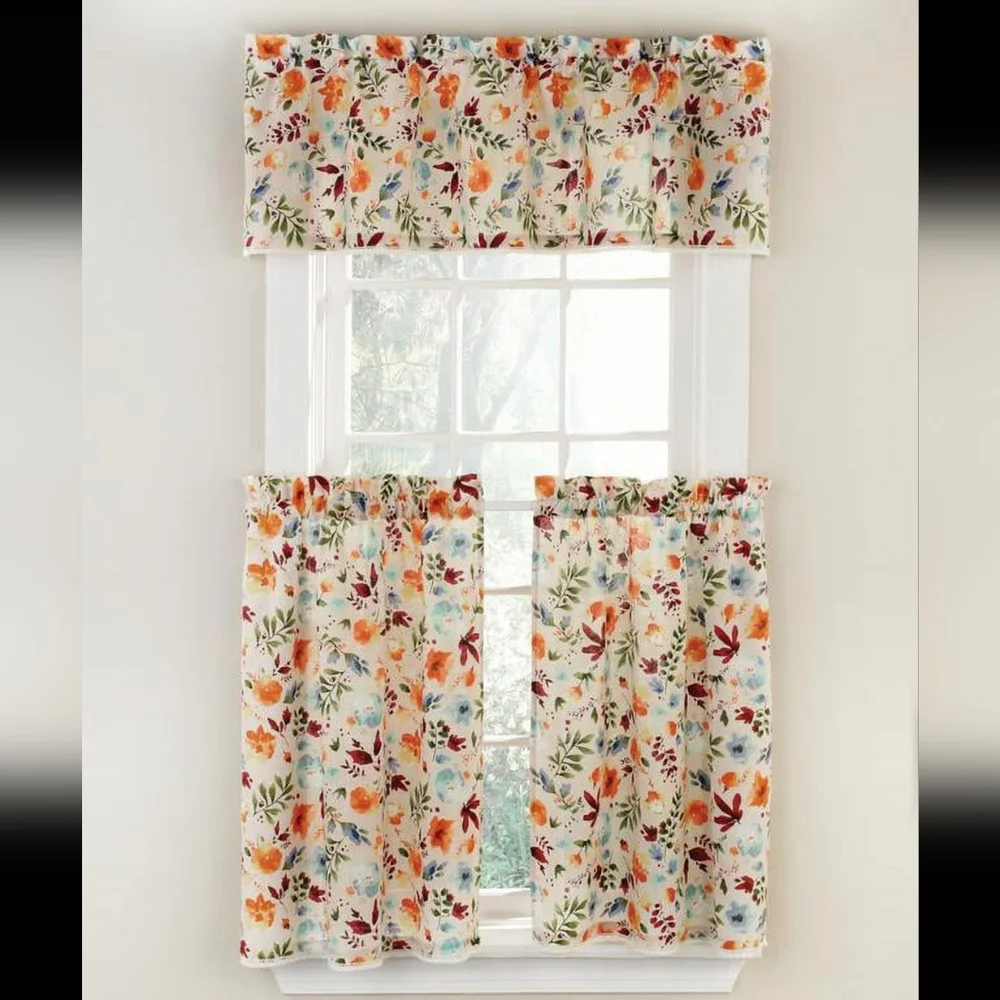 NEW The Pioneer Woman “Willow” 3-Piece Kitchen Curtain Set Valance & 2 Tiers
